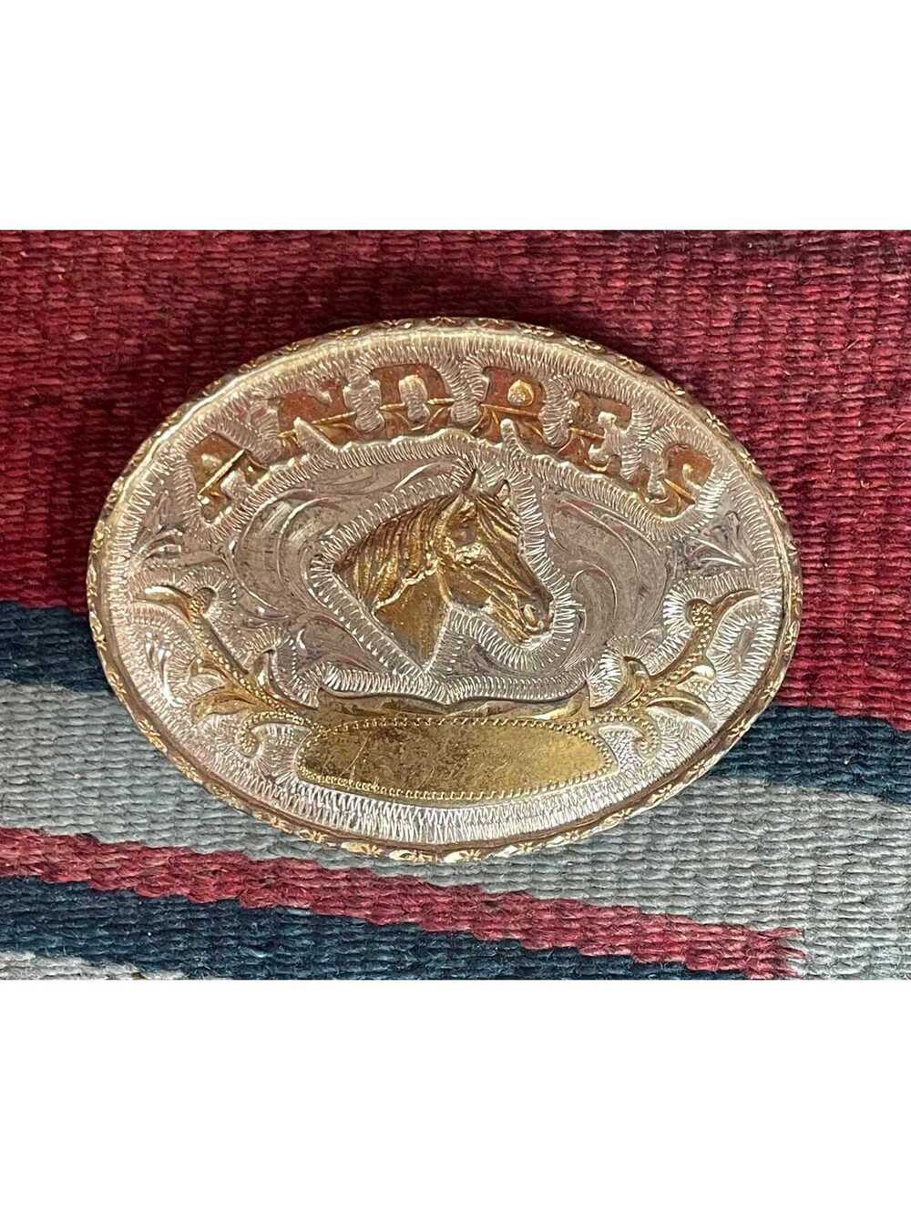 Vintage “Andres” name Horse Belt Buckle Silver and Gold